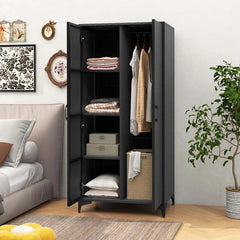 62" Tall PE Rattan Wicker Wardrobe Closet Storage Cabinet with 2 Doors, Hanging Rod, 4 Storage Cubes, Metal Legs, Anti-tipping Device - Brown