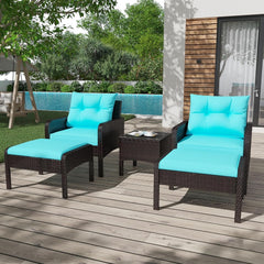 AECOJOY Outdoor 5 Pieces Patio Furniture Set, PE Rattan Wicker Chairs with Ottoman and Table, Brown/Blue