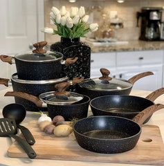 Kitchen Academy Better Living Through Cooking Perfection Kitchen Academy Induction Cookware Sets - 12 Piece Cooking Pan Set, Granite Black Nonstick