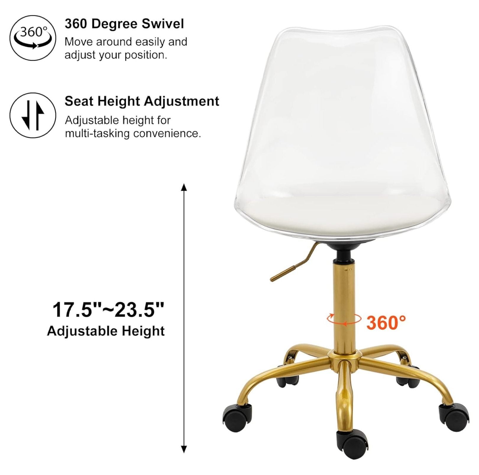 Echoworld Clear Rolling Chair, Armless Desk Chair with Golden Feet Swivel Molded Plastic Shell Adjustable Home Office Chair with Wheels, Clear