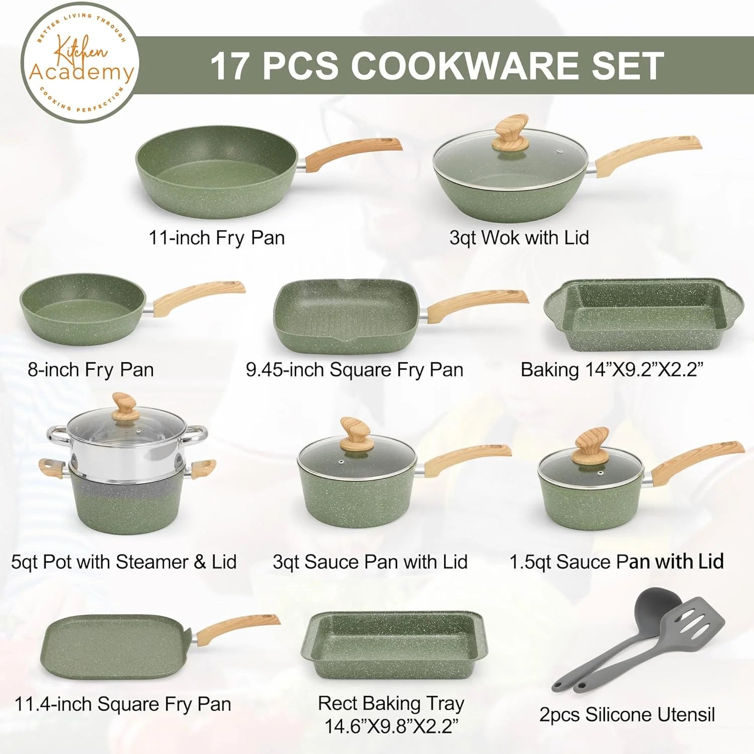Kitchen Academy 17 Pieces Induction Cookware Set with Griddle, Green Granite Pots and Pans Set Non Stick, Healthy Nonstick Cooking Pans Set