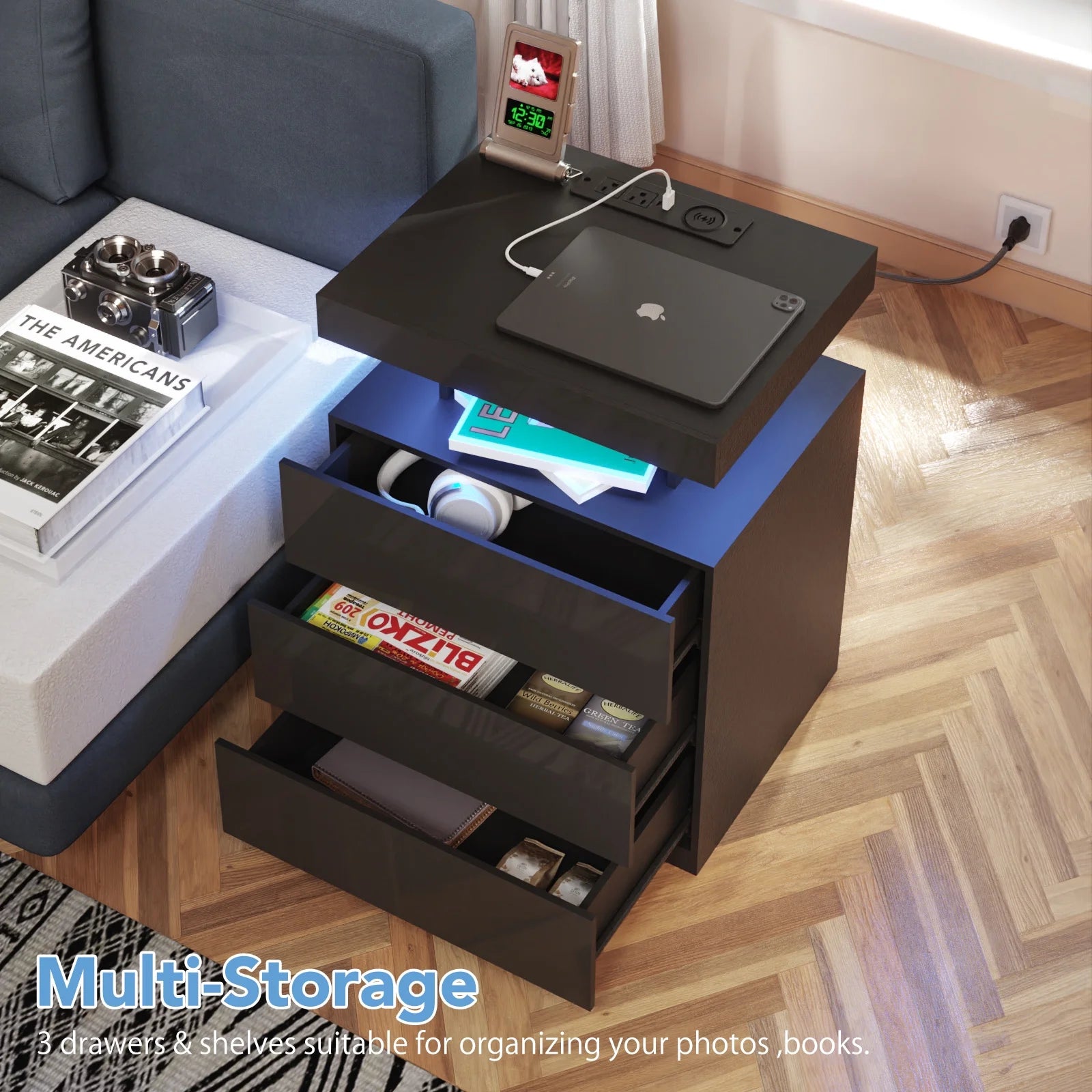 Hommpa LED Nightstand Wireless Charging Station USB Type C Outlets Bedside Table 3 Drawers Black Night Table Modern Smart Nightstand High Gloss End Side Table for Bedroom Furniture 26.8" Tall