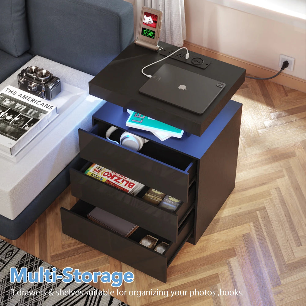 Hommpa LED Nightstand Wireless Charging Station USB Type C Outlets Bedside Table 3 Drawers Black Night Table Modern Smart Nightstand High Gloss End Side Table for Bedroom Furniture 26.8" Tall