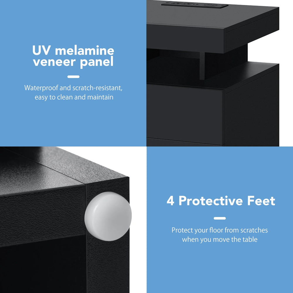 Hommpa LED Nightstand Wireless Charging Station USB Type C Outlets Bedside Table 3 Drawers Black Night Table Modern Smart Nightstand High Gloss End Side Table for Bedroom Furniture 26.8" Tall