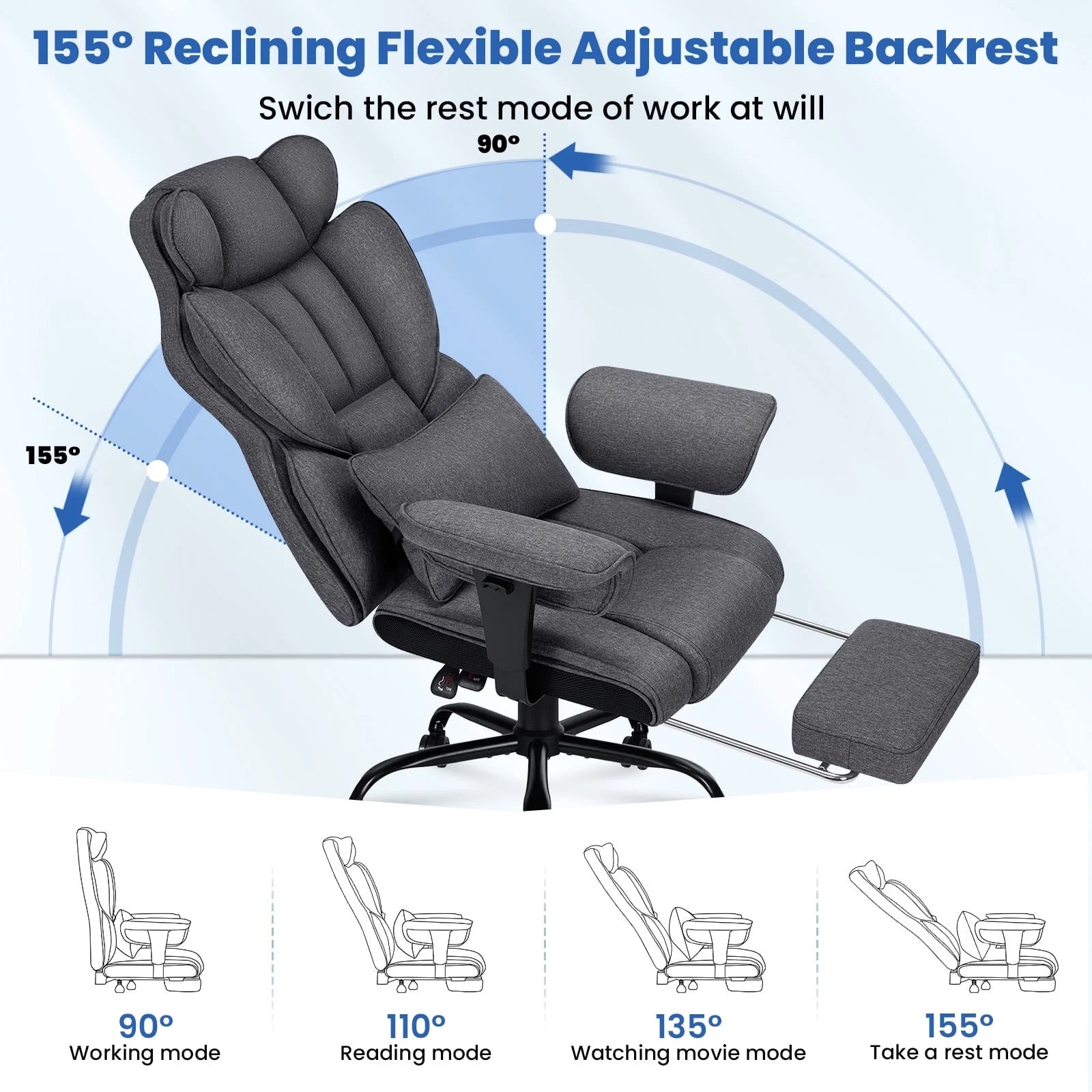 Hoffree Big and Tall Fabric Office Chair 450 lb, Executive Desk Chair with Massage Ergonomic Computer Chair with Footrest Reclining Desk Office Chair with Lumbar Support for Home Office