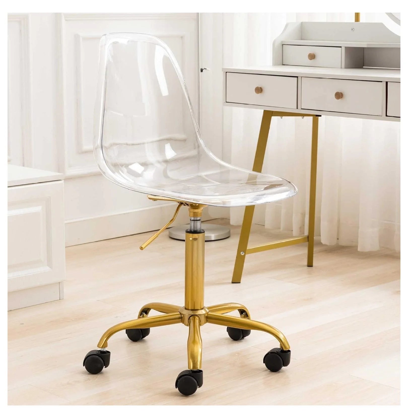 Echoworld Clear Rolling Chair, Armless Desk Chair with Golden Feet Swivel Molded Plastic Shell Adjustable Home Office Chair with Wheels, Clear