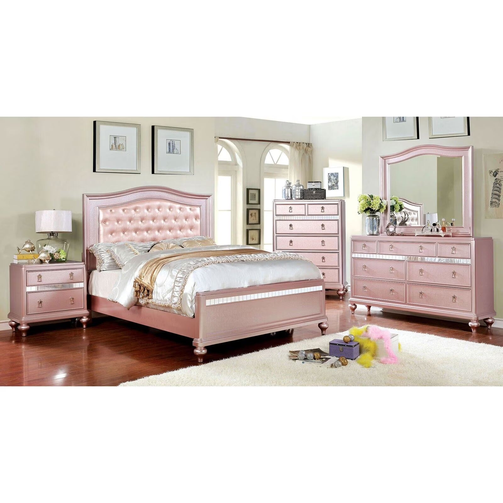 Contemporary Rosé Gold Twin Size Bed 6pc Set Dresser Mirror Nightstand Chest Padded HB Tufted Bedroom Furniture Solid Wood