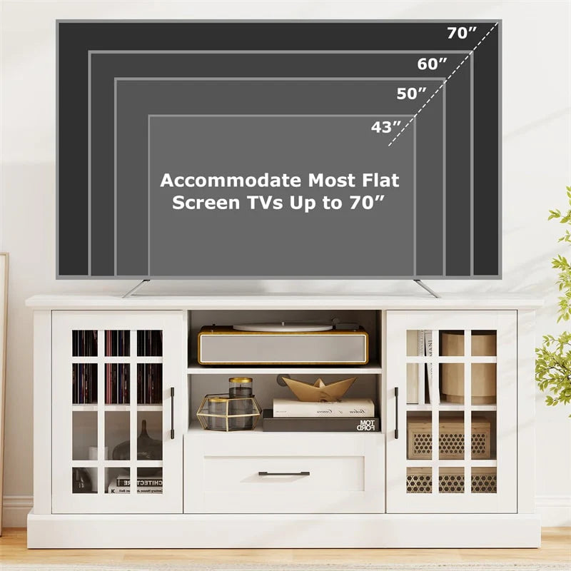62" Farmhouse TV Stand for 70 Inch TVs, Tall Media Console Table with 2 Glass Doors, Cubbies & Drawer, Storage Cabinet for Living Room