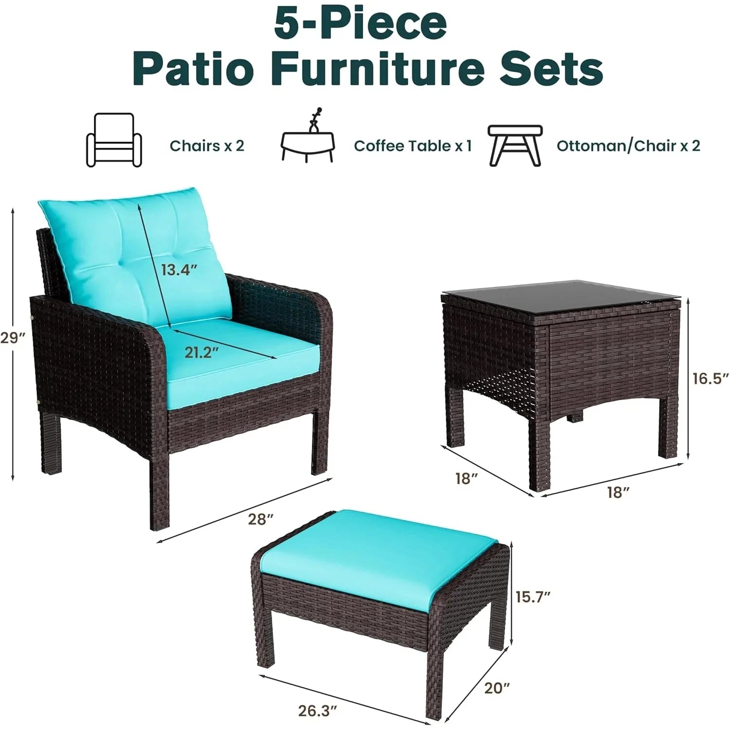 AECOJOY Outdoor 5 Pieces Patio Furniture Set, PE Rattan Wicker Chairs with Ottoman and Table, Brown/Blue