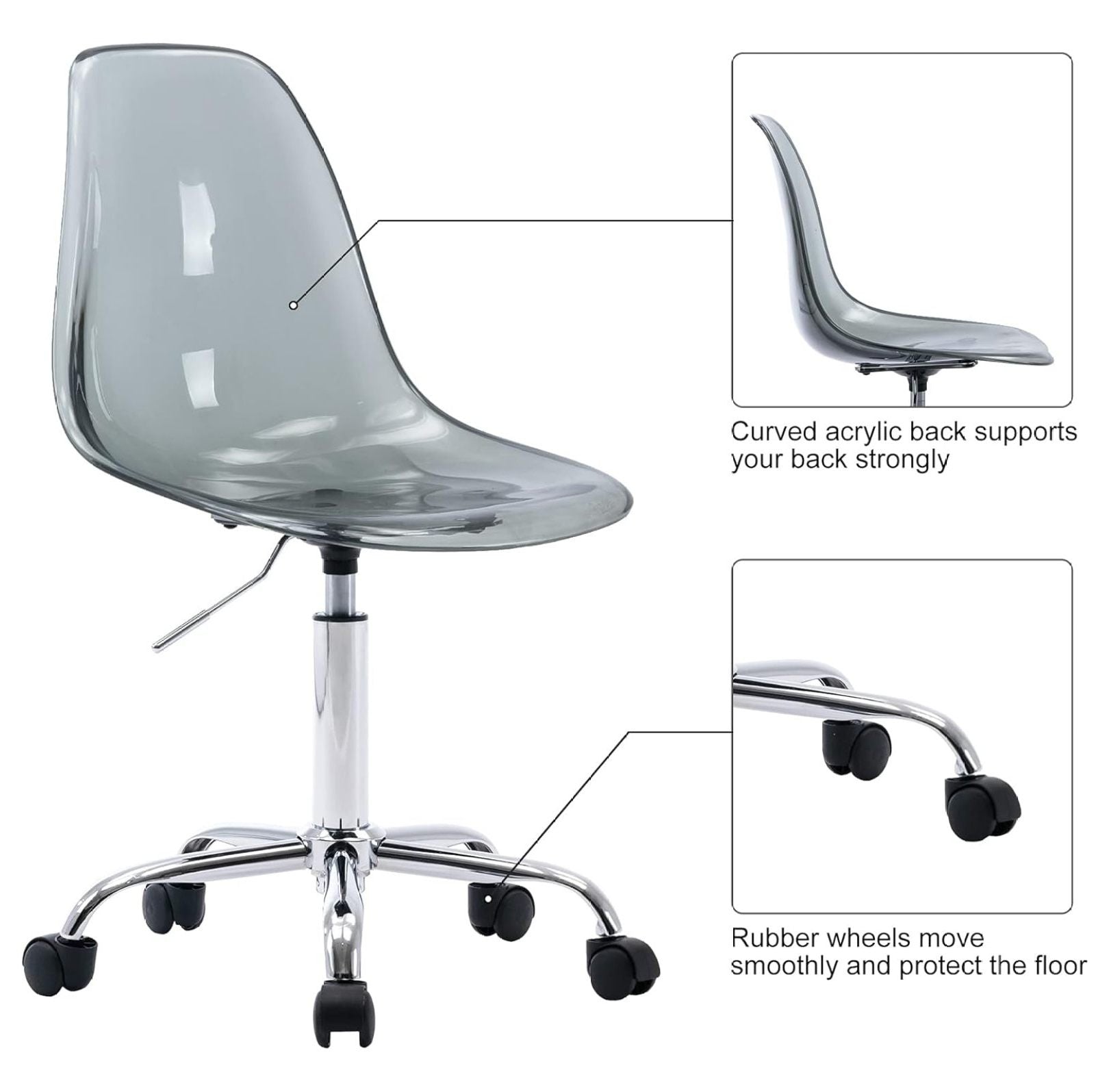Echoworld Clear Rolling Chair, Armless Desk Chair with Golden Feet Swivel Molded Plastic Shell Adjustable Home Office Chair with Wheels, Clear