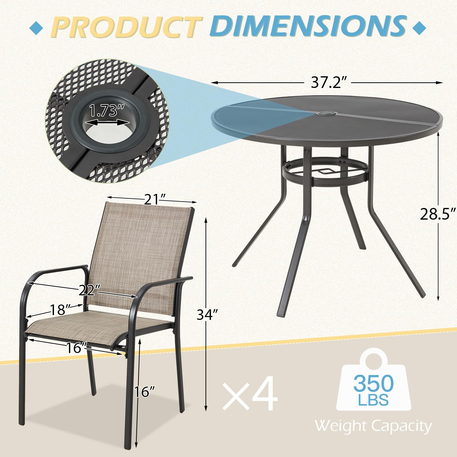 AECOJOY 5 Piece Patio Table and Chair Set for 4, Outdoor Dining Set with 1.73" Umbrella Hole
