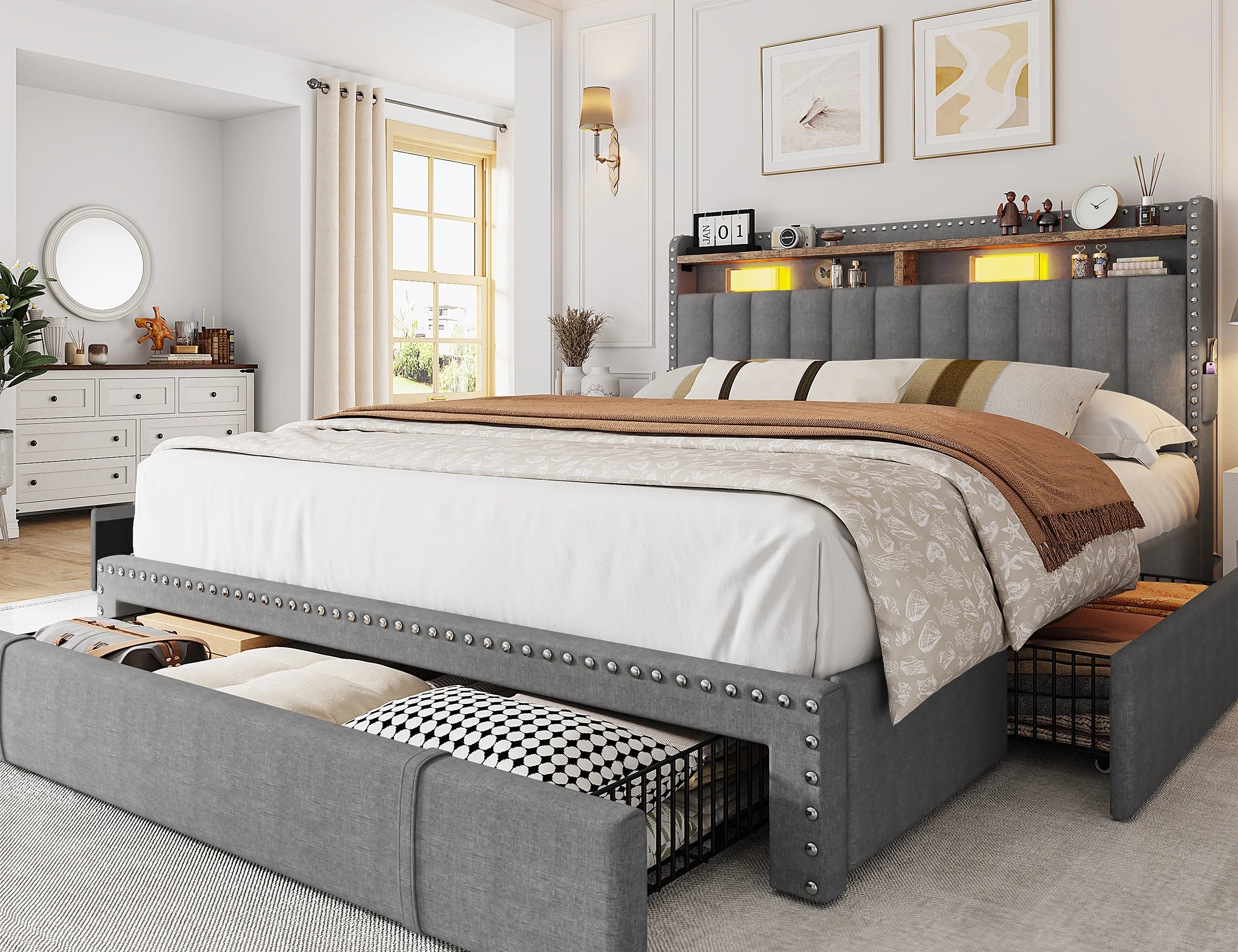 Enhomee Queen Bed Frame with 3 Storage Drawers Upholstered Queen Size Bed Frame with Headboard Noise Free Platform Bed with Metal Frame & Wood Slats Support Beige Bedroom Furniture for Adults Clothes - Queen / Gray / with Storage Shelf
