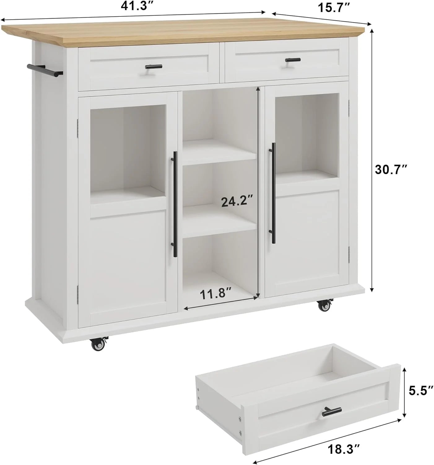 WALYWIK Foldable Kitchen Island Cart with Wheels, 2 Glass Doors, Spice Rack & Towel Holder - Compact Mobile Storage Cart for Small Kitchens, Dining Rooms, Camping & Rvs - Grey