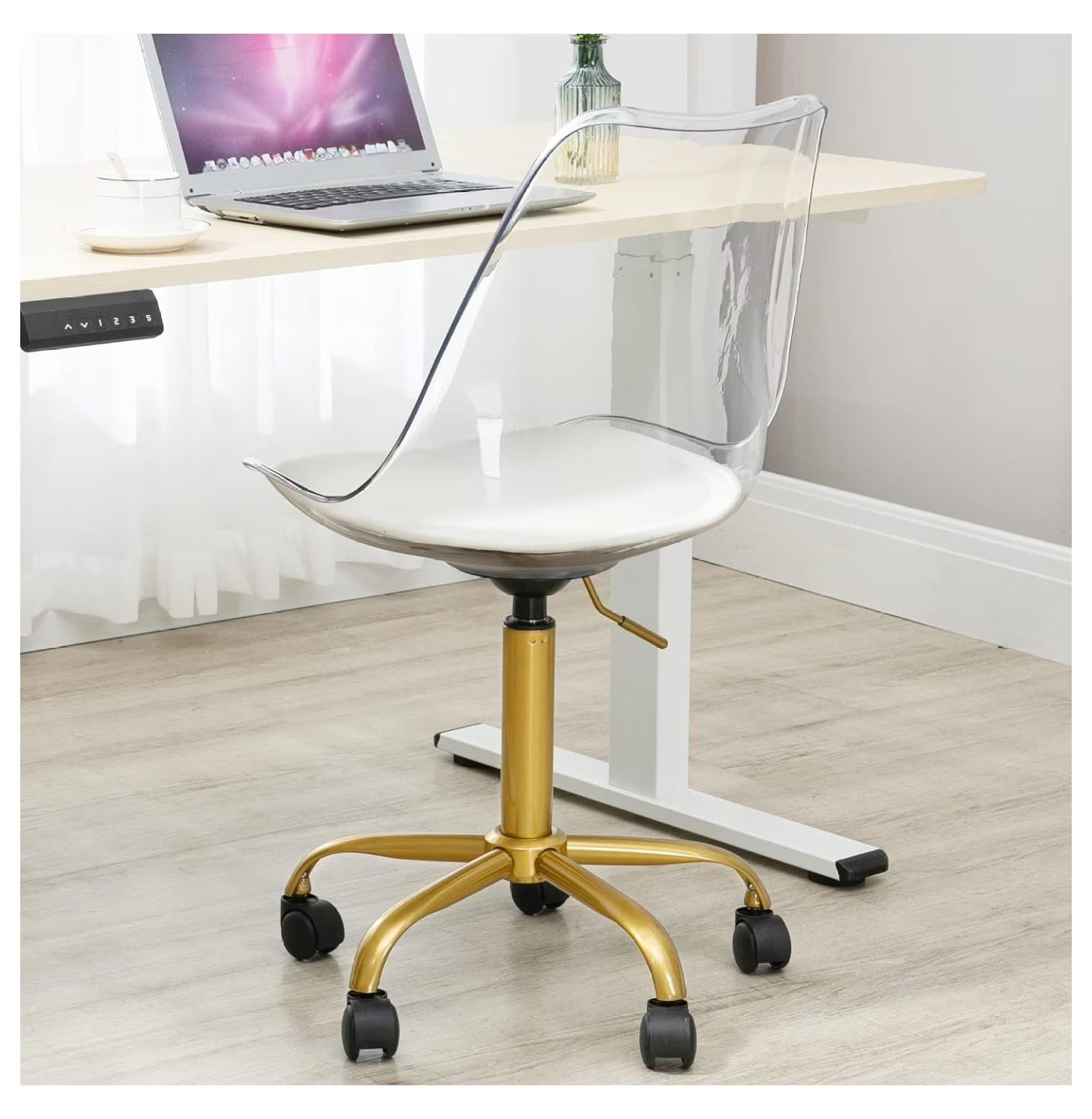 Echoworld Clear Rolling Chair, Armless Desk Chair with Golden Feet Swivel Molded Plastic Shell Adjustable Home Office Chair with Wheels, Clear