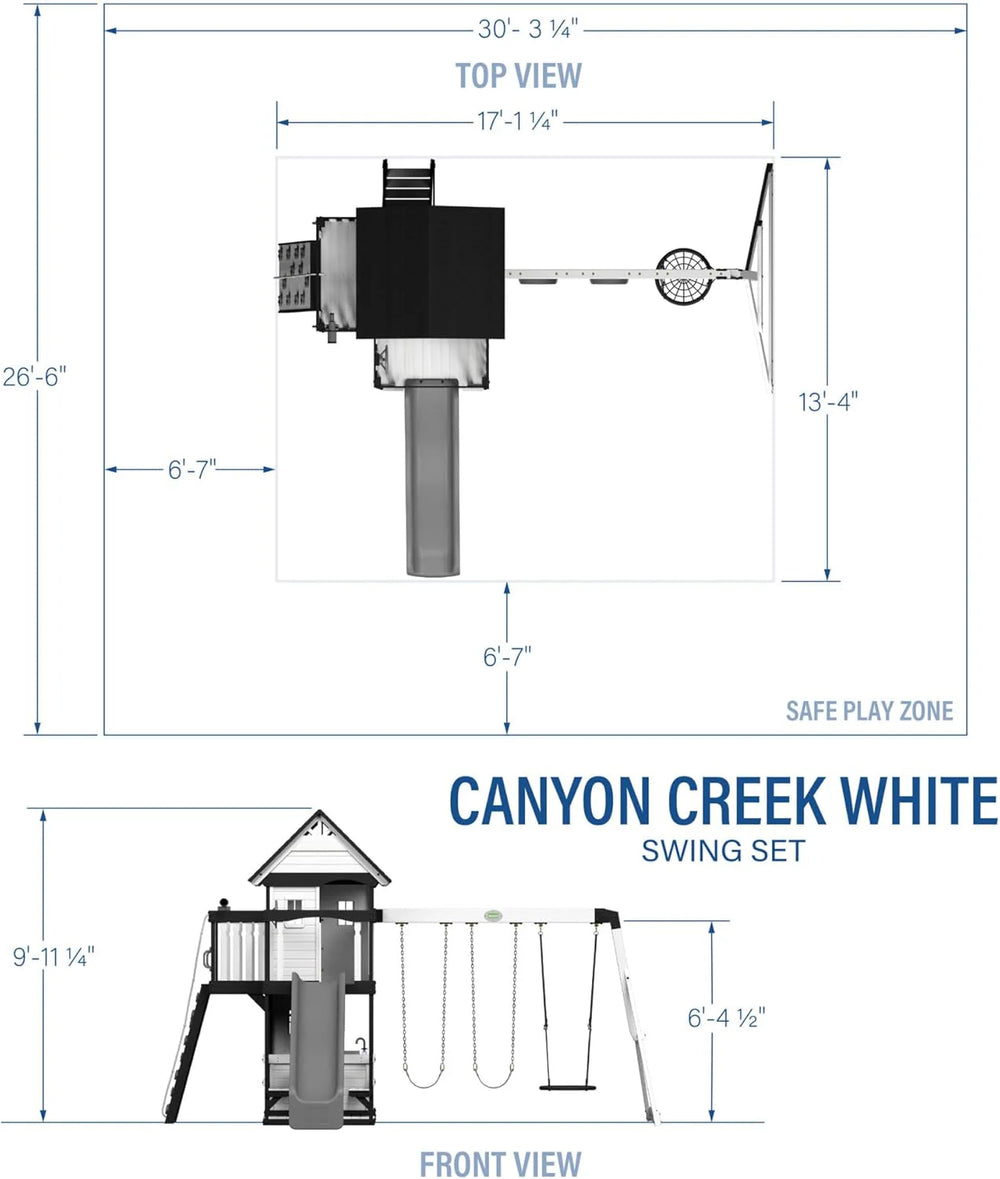 Backyard Discovery Canyon Creek Cedar Wood Swing Set with Wave Slide. Clubhouse. Play Kitchen. Picnic Area. Belt Swings. Web Swing. Rock Wall. Balconies. Playhouse. Step Ladder. Outdoor Playset