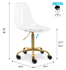 Echoworld Clear Rolling Chair, Armless Desk Chair with Golden Feet Swivel Molded Plastic Shell Adjustable Home Office Chair with Wheels, Clear