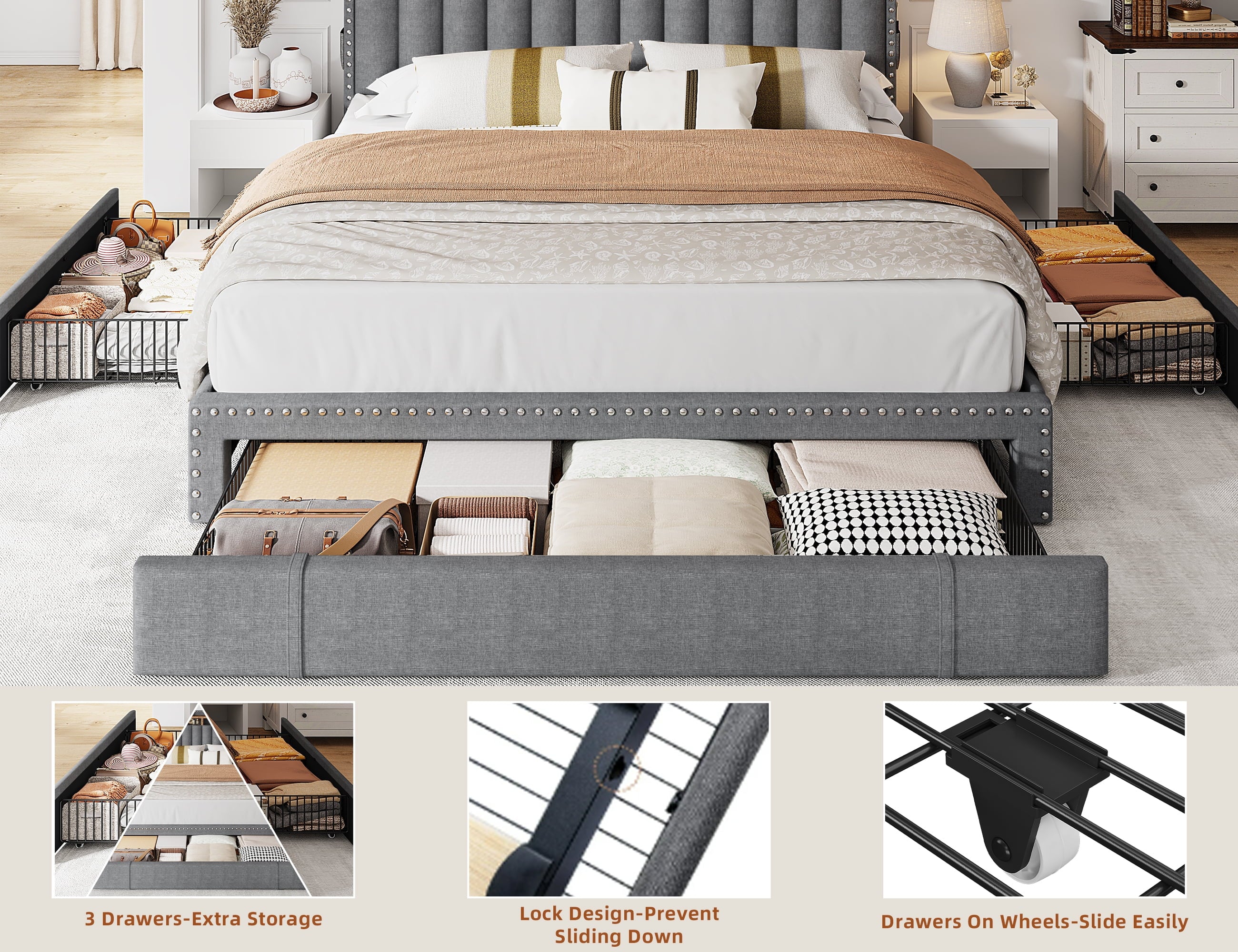 Enhomee Queen Bed Frame with 3 Storage Drawers Upholstered Queen Size Bed Frame with Headboard Noise Free Platform Bed with Metal Frame & Wood Slats Support Beige Bedroom Furniture for Adults Clothes