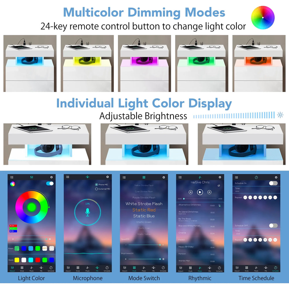 Hommpa LED Nightstand Wireless Charging Station USB Type C Outlets Bedside Table 3 Drawers Black Night Table Modern Smart Nightstand High Gloss End Side Table for Bedroom Furniture 26.8" Tall