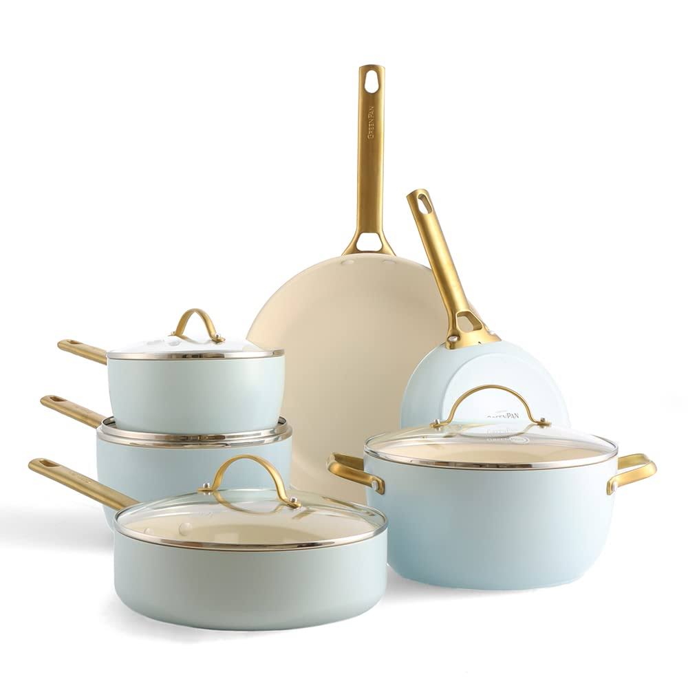 GreenPan Reserve Hard Anodized Healthy Ceramic Nonstick, 10 Piece Cookware Pots and Pans Set, PFAS-Free, Dishwasher Safe, Light Blue