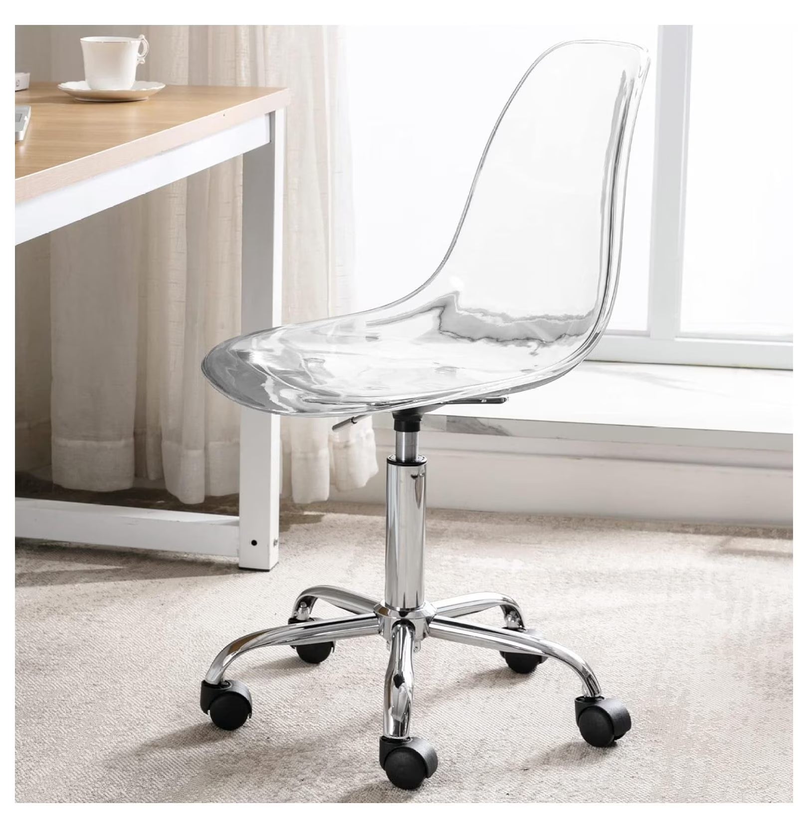 Echoworld Clear Rolling Chair, Armless Desk Chair with Golden Feet Swivel Molded Plastic Shell Adjustable Home Office Chair with Wheels, Clear