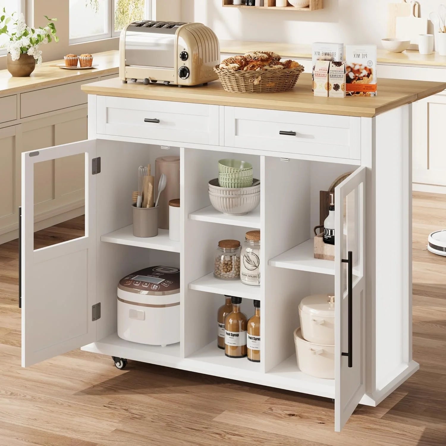 WALYWIK Foldable Kitchen Island Cart with Wheels, 2 Glass Doors, Spice Rack & Towel Holder - Compact Mobile Storage Cart for Small Kitchens, Dining Rooms, Camping & Rvs - Grey