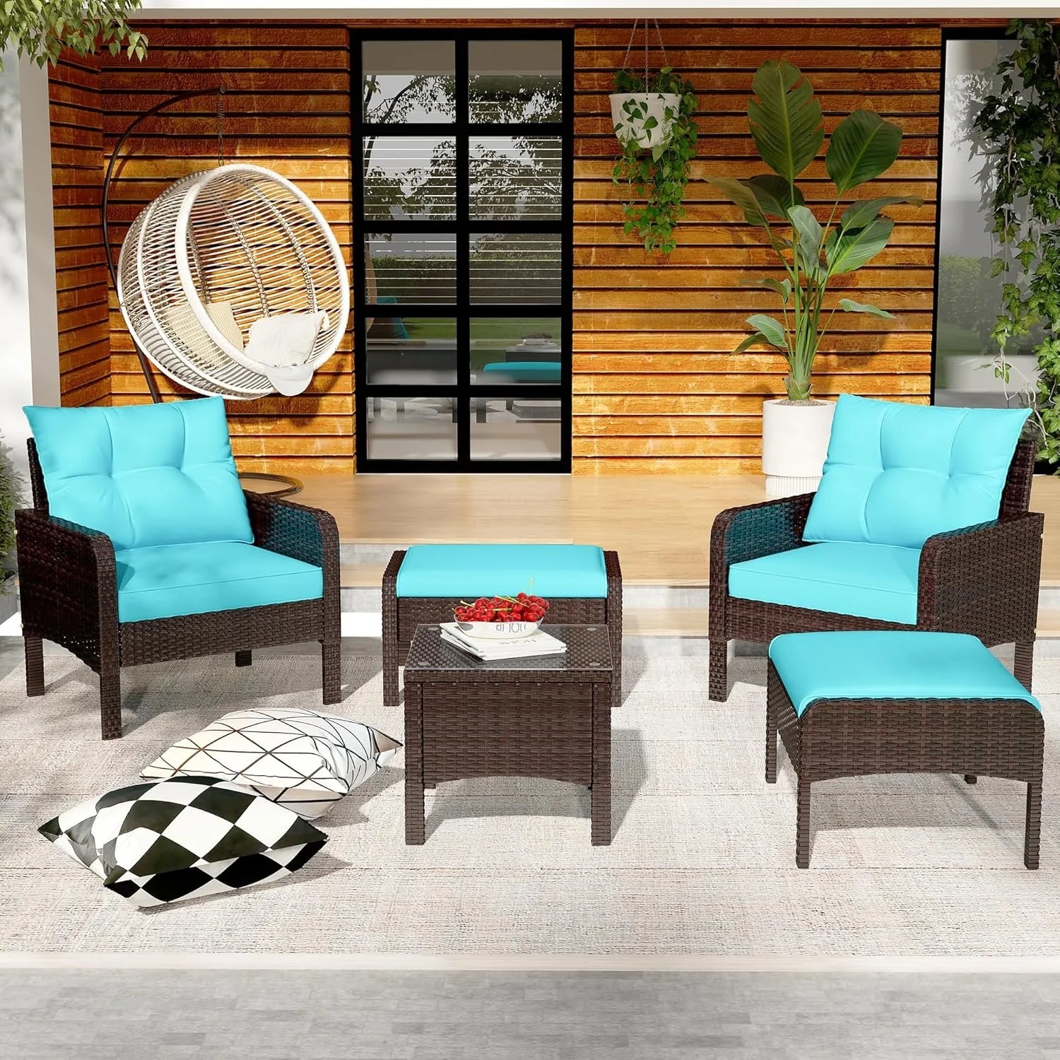 AECOJOY Outdoor 5 Pieces Patio Furniture Set, PE Rattan Wicker Chairs with Ottoman and Table, Brown/Blue