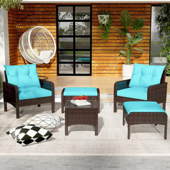 AECOJOY Outdoor 5 Pieces Patio Furniture Set, PE Rattan Wicker Chairs with Ottoman and Table, Brown/Blue