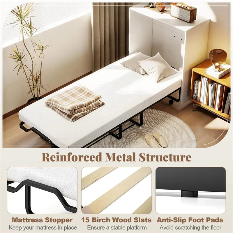Cot Size Murphy Cabinet Bed with Mattress, 2-in-1 Folding Rollaway Guest Bed into Storage Cabinet with Lockable Wheels for Home Office