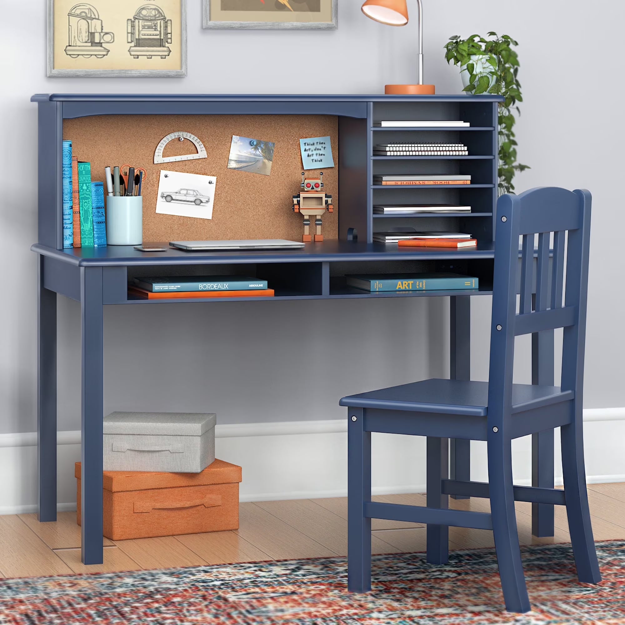 Guidecraft Kids Media Desk and Chair Set - Gray: Kids Desk and Chair Set, Study Table for Kids with Hutch and Shelf, Wood Bedroom Furniture Set