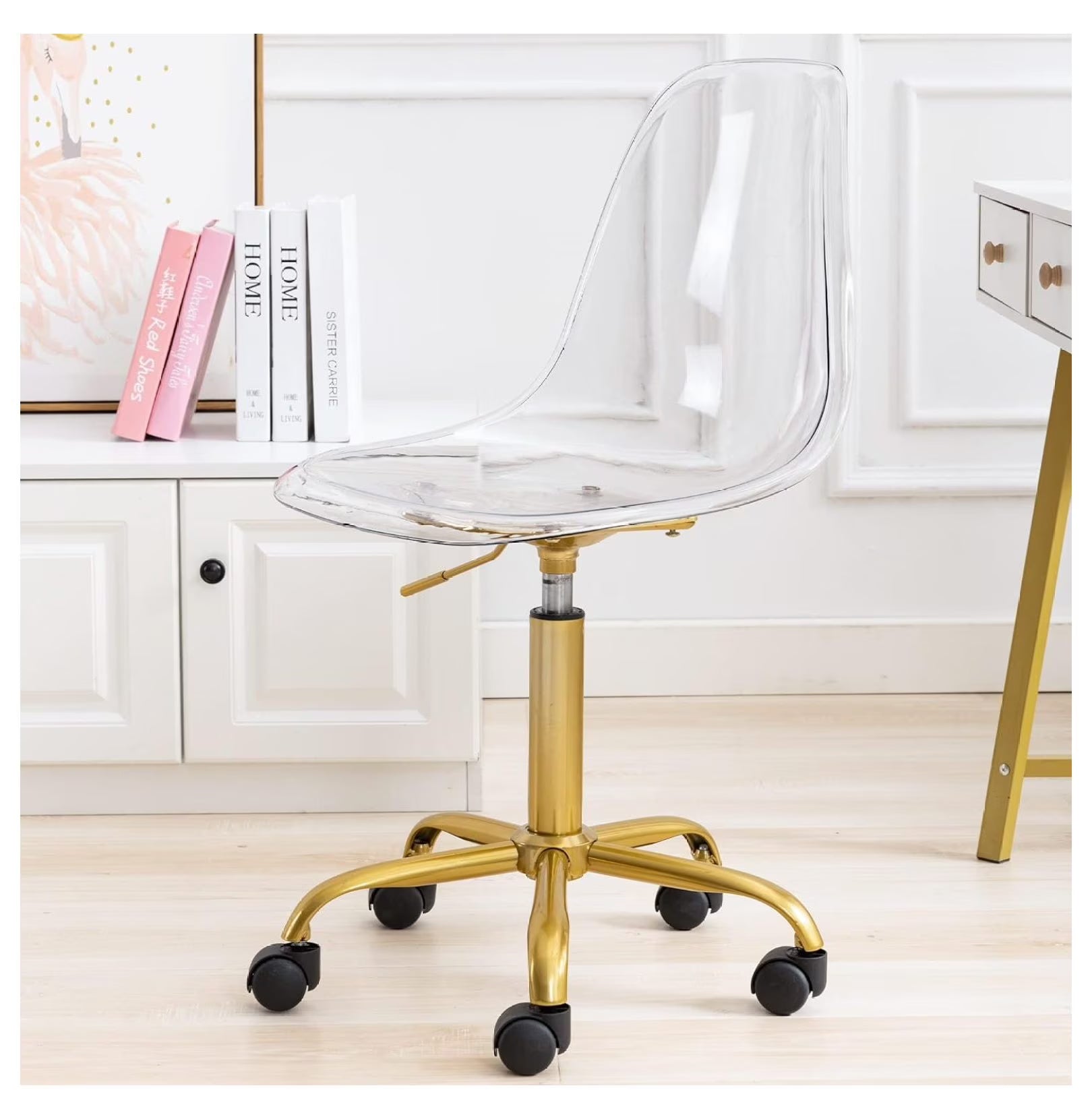 Echoworld Clear Rolling Chair, Armless Desk Chair with Golden Feet Swivel Molded Plastic Shell Adjustable Home Office Chair with Wheels, Clear