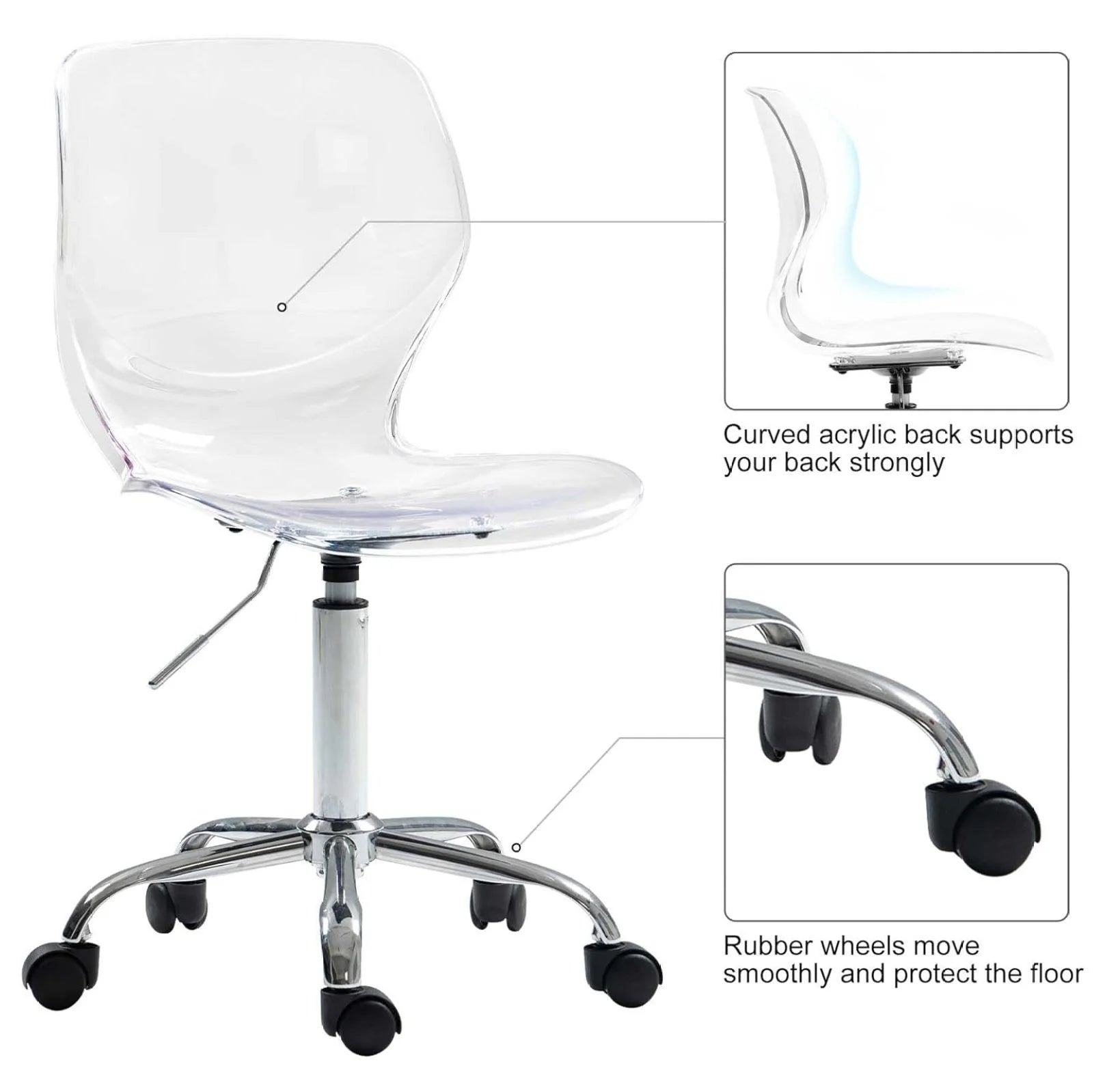 Echoworld Clear Rolling Chair, Armless Desk Chair with Golden Feet Swivel Molded Plastic Shell Adjustable Home Office Chair with Wheels, Clear