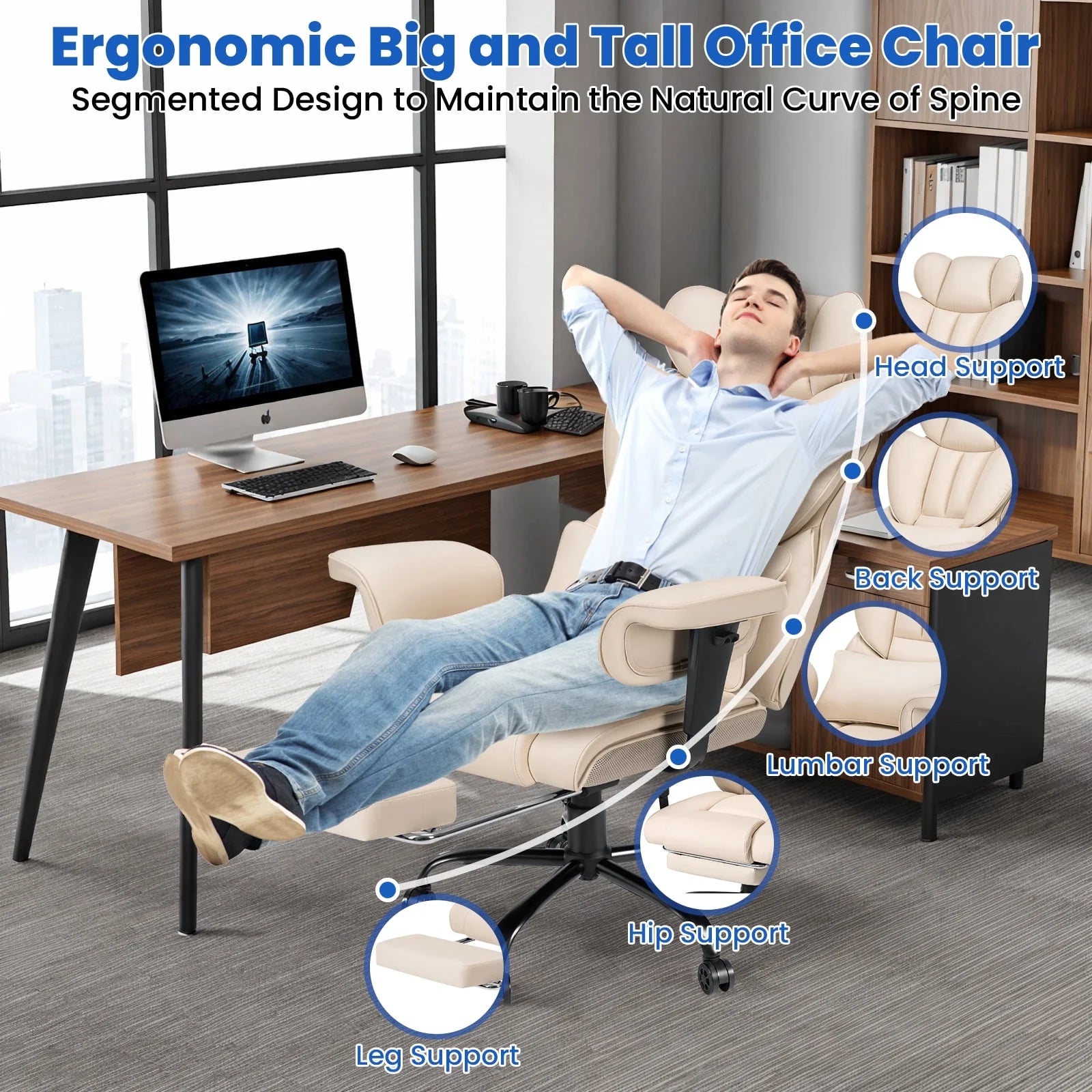 Hoffree Big and Tall Fabric Office Chair 450 lb, Executive Desk Chair with Massage Ergonomic Computer Chair with Footrest Reclining Desk Office Chair with Lumbar Support for Home Office