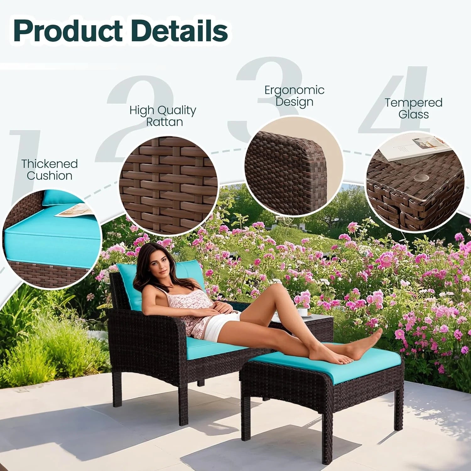 AECOJOY Outdoor 5 Pieces Patio Furniture Set, PE Rattan Wicker Chairs with Ottoman and Table, Brown/Blue
