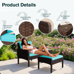 AECOJOY Outdoor 5 Pieces Patio Furniture Set, PE Rattan Wicker Chairs with Ottoman and Table, Brown/Blue