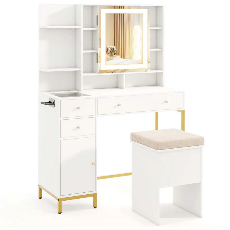 Makeup Vanity Table with 3 Lighting Modes, Mirrored Cabinet Door, Charging Station, Drawers, Shelves, Bedroom Makeup Dressing Table and Stool Set