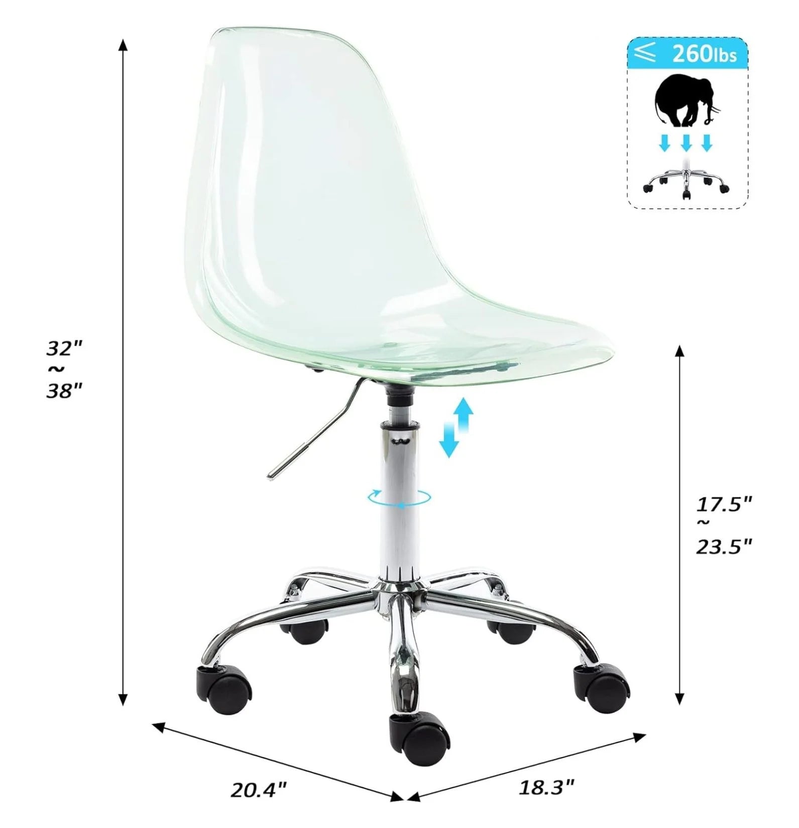 Echoworld Clear Rolling Chair, Armless Desk Chair with Golden Feet Swivel Molded Plastic Shell Adjustable Home Office Chair with Wheels, Clear