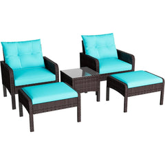 AECOJOY Outdoor 5 Pieces Patio Furniture Set, PE Rattan Wicker Chairs with Ottoman and Table, Brown/Blue