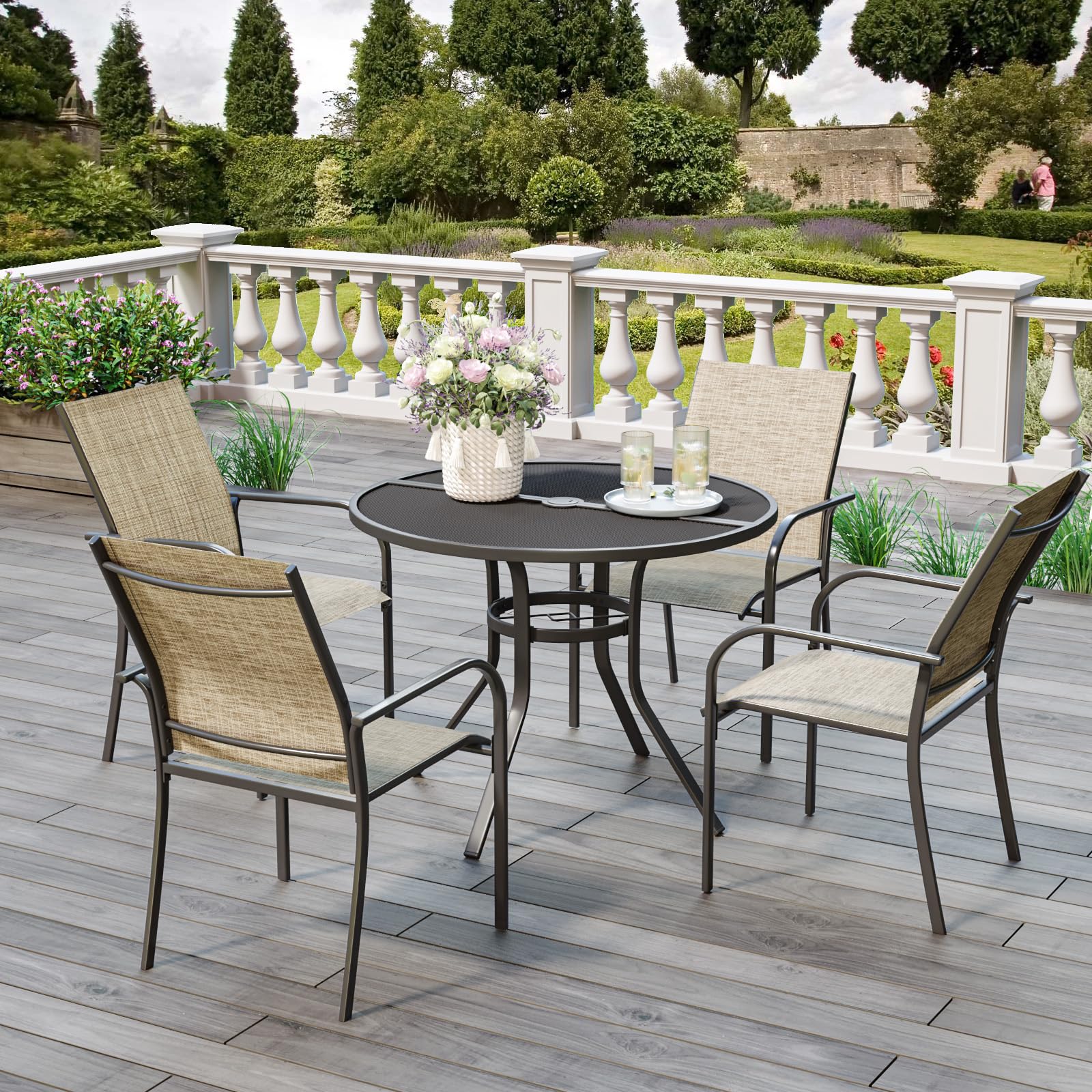 AECOJOY 5 Piece Patio Table and Chair Set for 4, Outdoor Dining Set with 1.73" Umbrella Hole