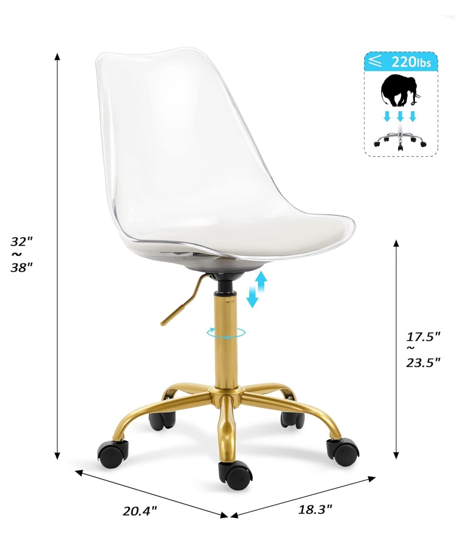 Echoworld Clear Rolling Chair, Armless Desk Chair with Golden Feet Swivel Molded Plastic Shell Adjustable Home Office Chair with Wheels, Clear