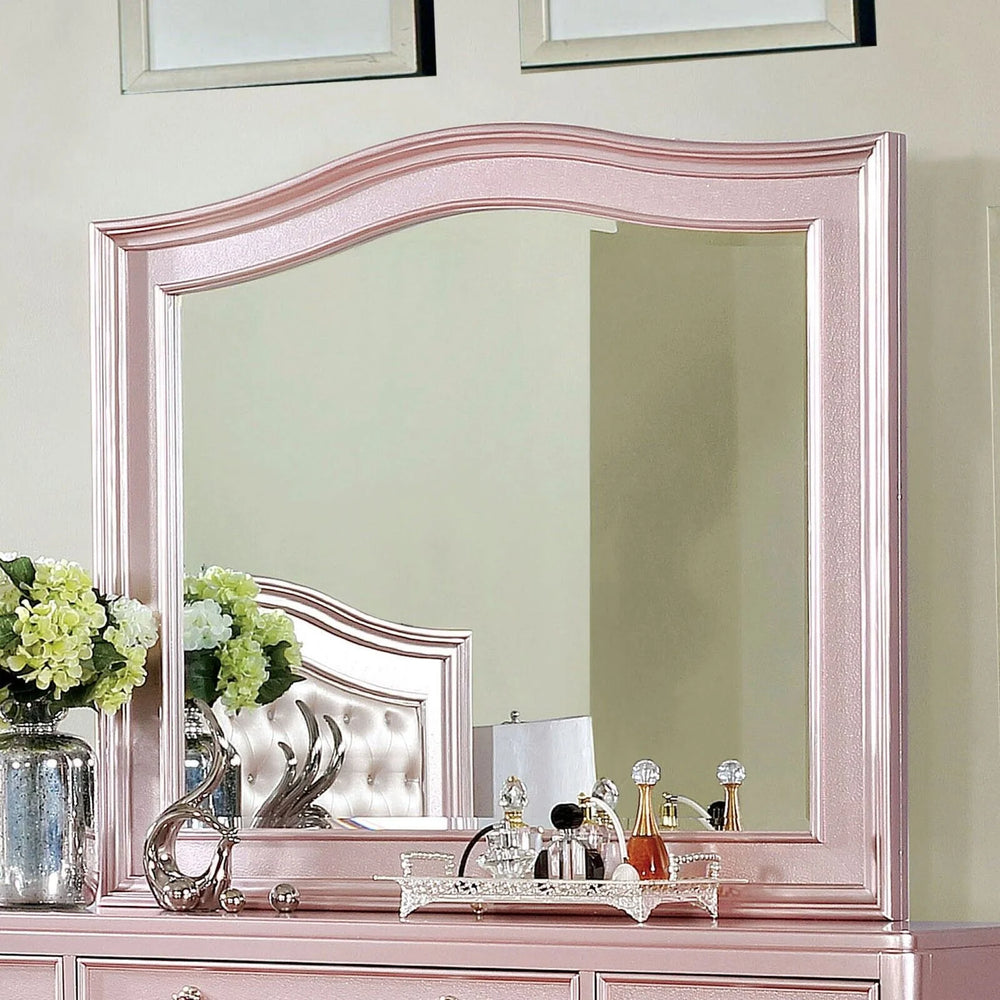 Contemporary Rosé Gold Twin Size Bed 6pc Set Dresser Mirror Nightstand Chest Padded HB Tufted Bedroom Furniture Solid Wood