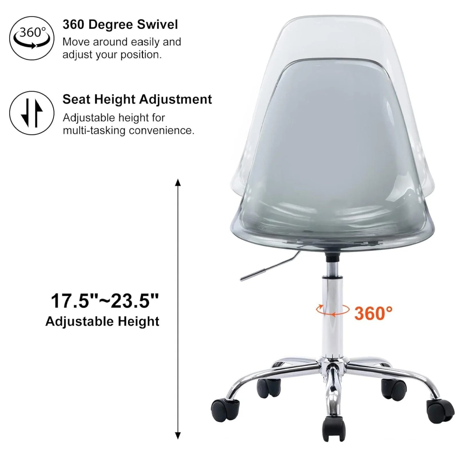Echoworld Clear Rolling Chair, Armless Desk Chair with Golden Feet Swivel Molded Plastic Shell Adjustable Home Office Chair with Wheels, Clear