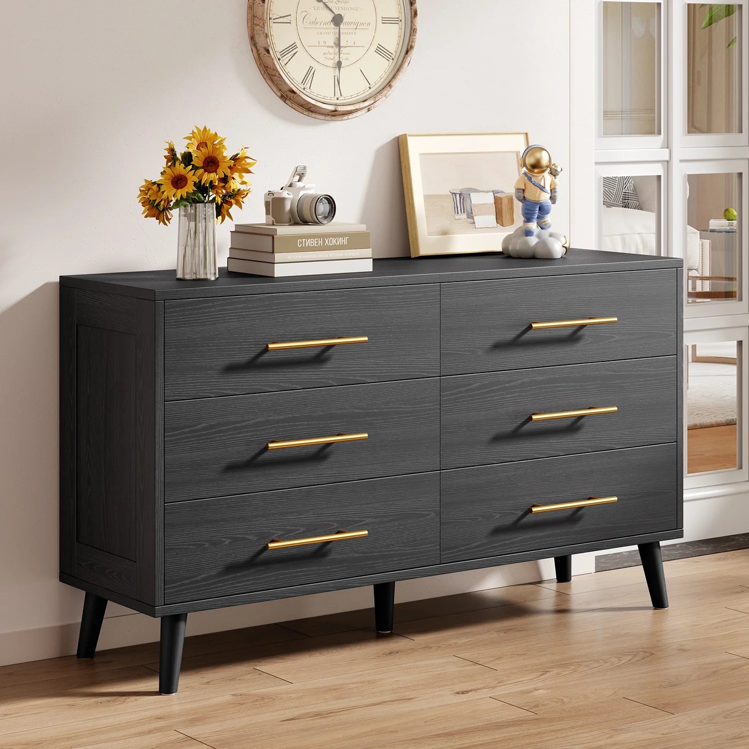 Noelse 3 Piece Bedroom Furniture Set, 6 Drawer Dresser with 2 Nightstands, Modern Wood Storage Organizer with Metal Handles for Bedroom, Living Room, Black