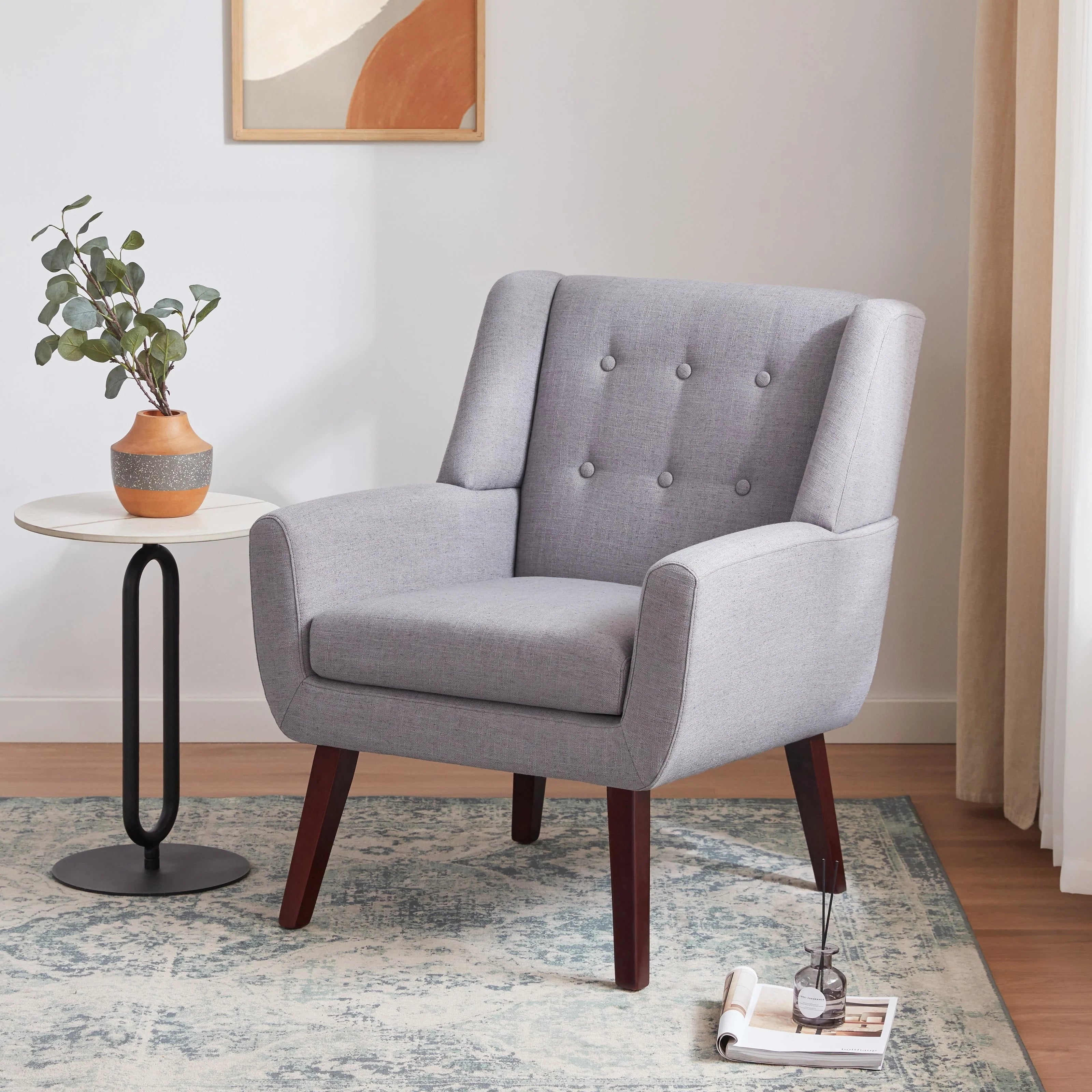HUIMO Accent Chair, Button - Tufted Upholstered Living Room Chairs, Mid Century Modern Comfy Reading Chairs for Bedroom, Living Room, Beige