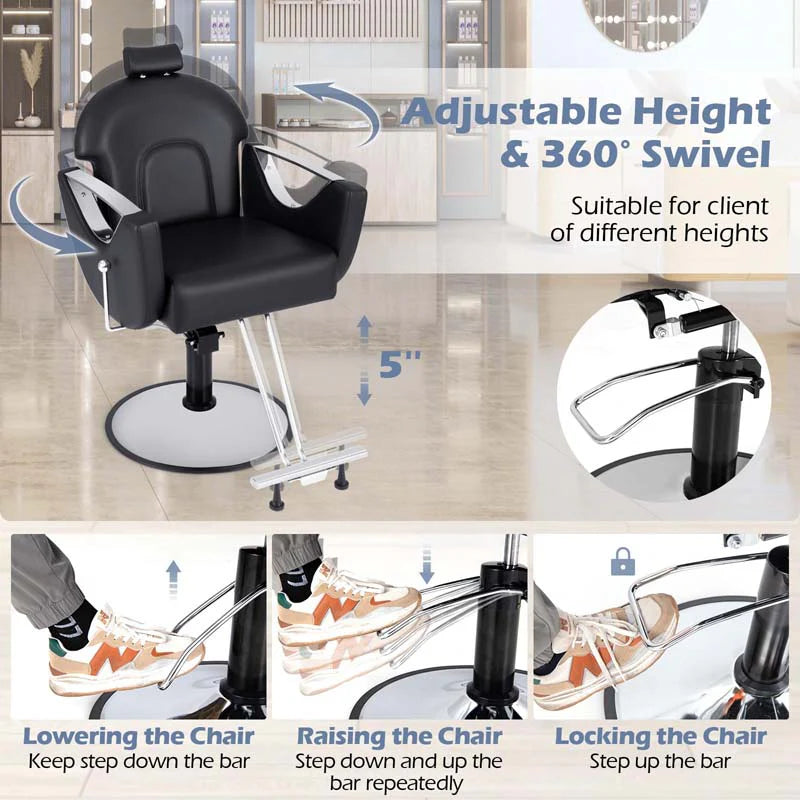 Reclining Barber Chair, 360° Swivel Salon Chair with Heavy Duty Hydraulic Pump, Adjustable Height & Headrest for Hair Styling, Makeup, Tattoo