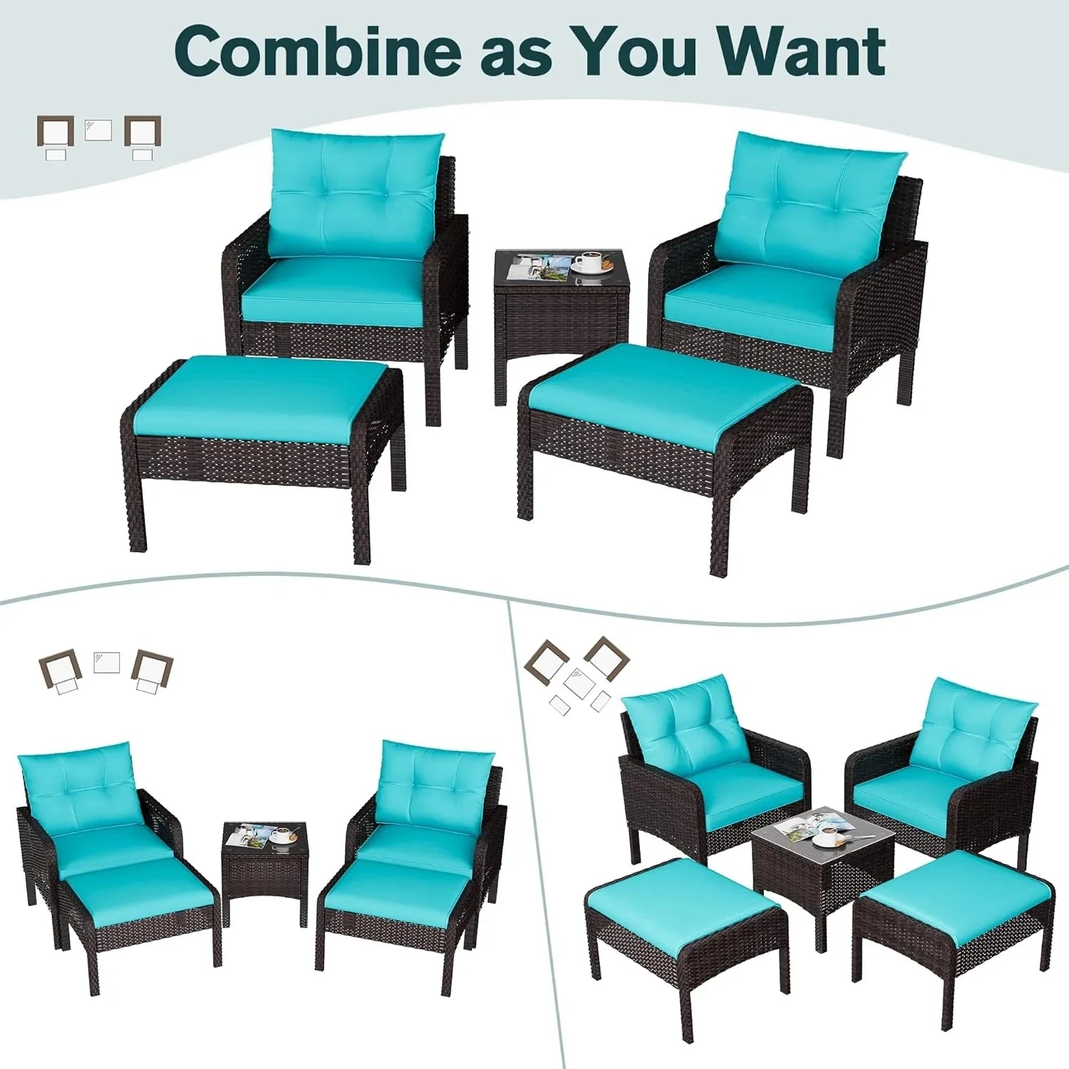 AECOJOY Outdoor 5 Pieces Patio Furniture Set, PE Rattan Wicker Chairs with Ottoman and Table, Brown/Blue
