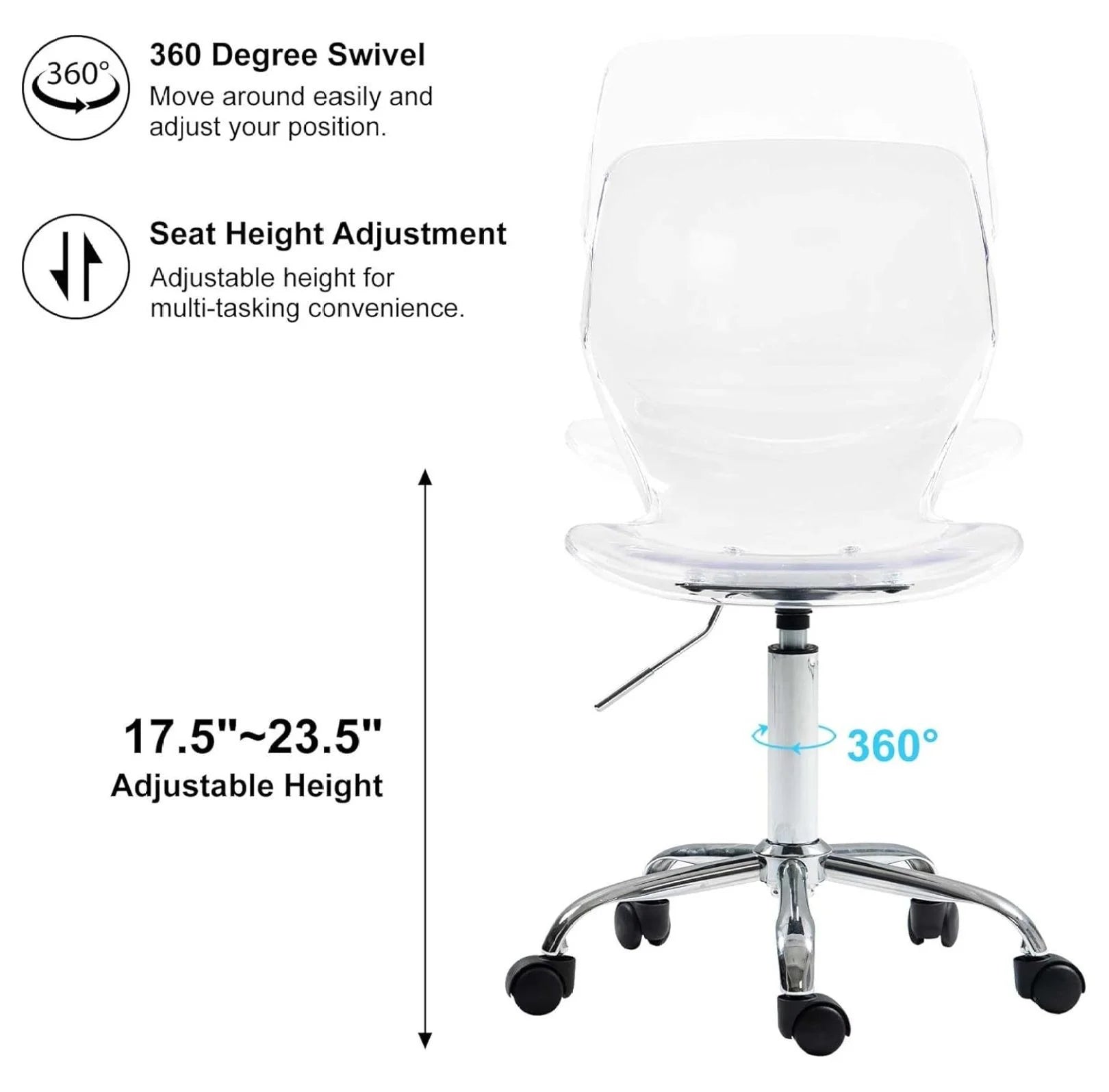 Echoworld Clear Rolling Chair, Armless Desk Chair with Golden Feet Swivel Molded Plastic Shell Adjustable Home Office Chair with Wheels, Clear