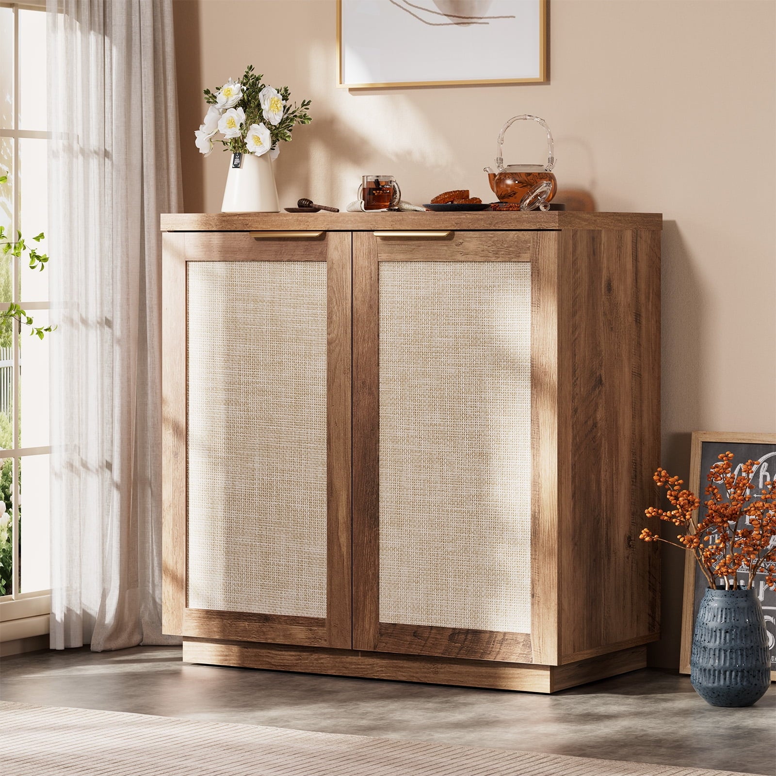 Hommpa Sideboard Buffet Cabinet Rattan Kitchen Storage Organizer with 5 - Position Adjustable Shelf & 2 Doors Boho Farmhouse Accent Cabinets TV Console for Living Dining Room Coffee Bar