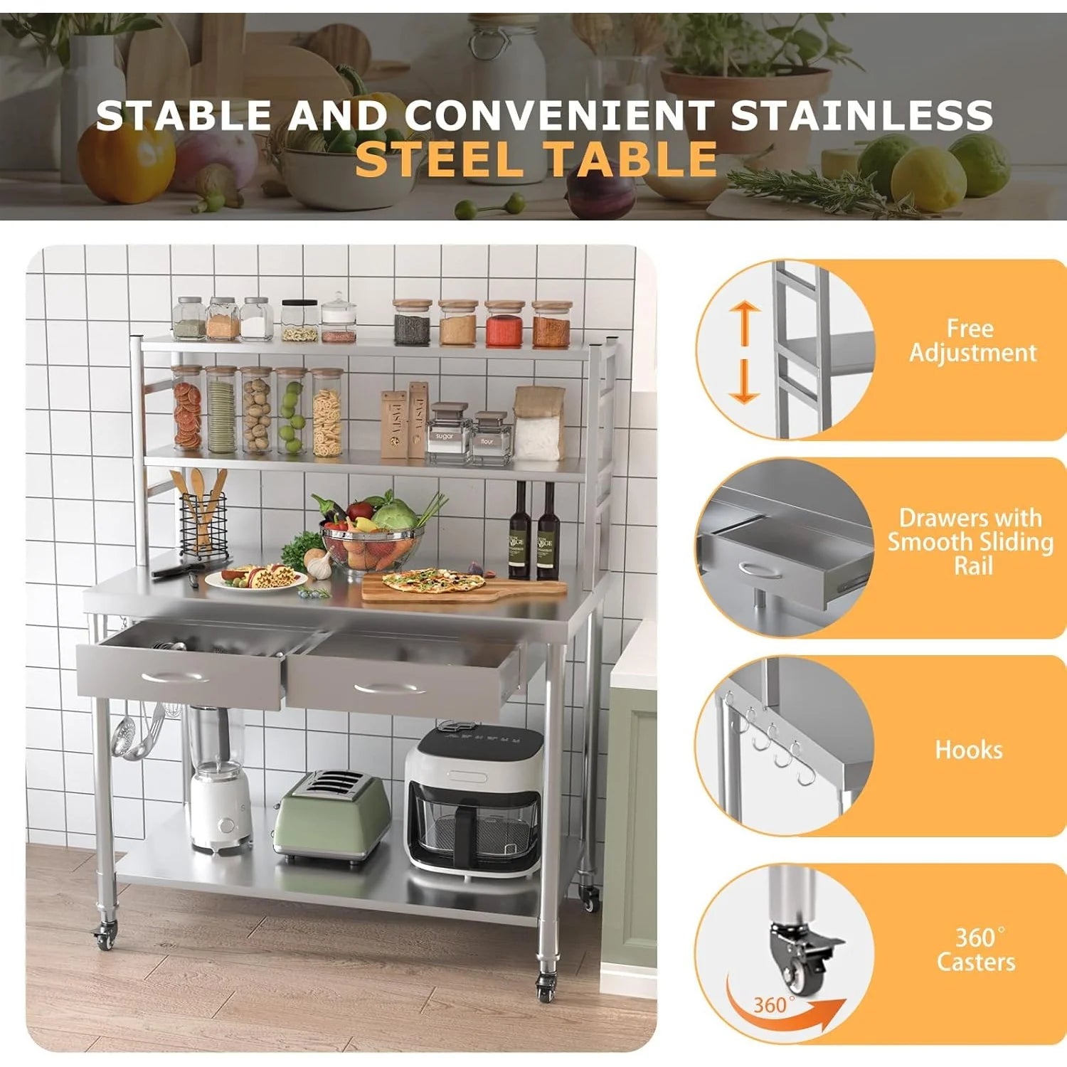 AECOJOY Stainless Steel Table with Shelves and Drawer 48"x24" Prep Table for Commercial Kitchen