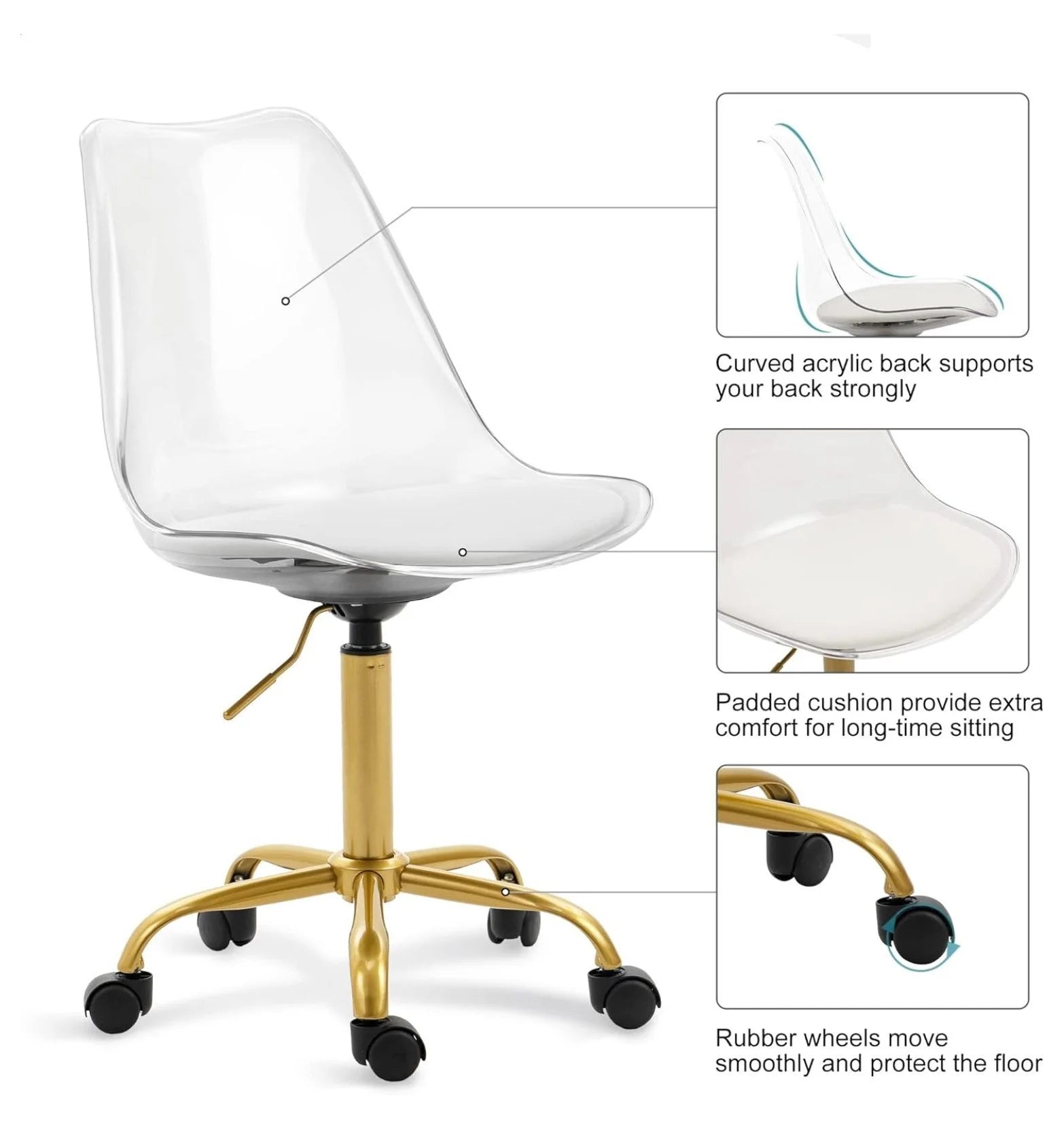 Echoworld Clear Rolling Chair, Armless Desk Chair with Golden Feet Swivel Molded Plastic Shell Adjustable Home Office Chair with Wheels, Clear