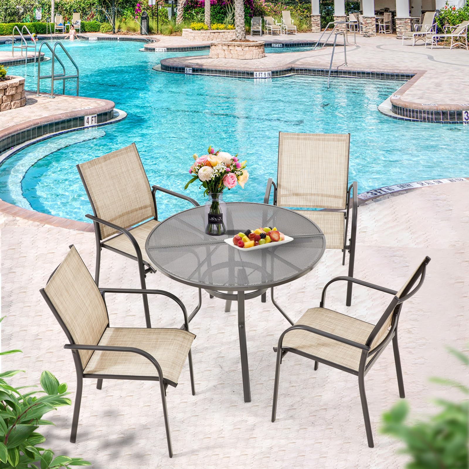 AECOJOY 5 Piece Patio Table and Chair Set for 4, Outdoor Dining Set with 1.73" Umbrella Hole